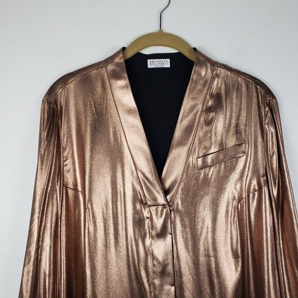 Brunello Cucinelli NWT Metallic Copper Silk Blouse Menswear Style Womens Size XL - Picture 3 of 15